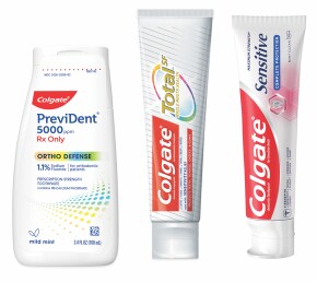 PreviDent toothpaste tube, Colgate total tube, and Colgate Sensitive tube product images