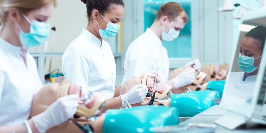Busy medical students in lab