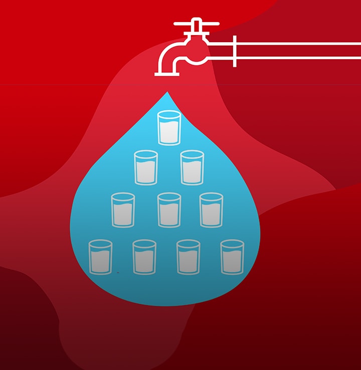 Water droplet with cups inside on a red background